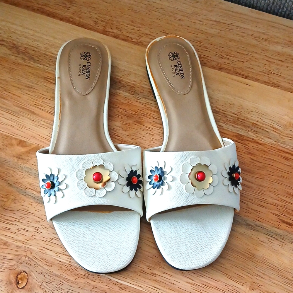 White Floral Slide Sandals with Gold Accents -